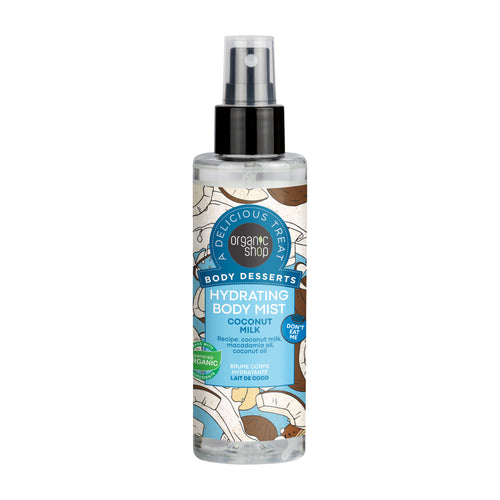 Pump bottle of Organic Shop Coconut Milk Hydrating Body Mist on a white background