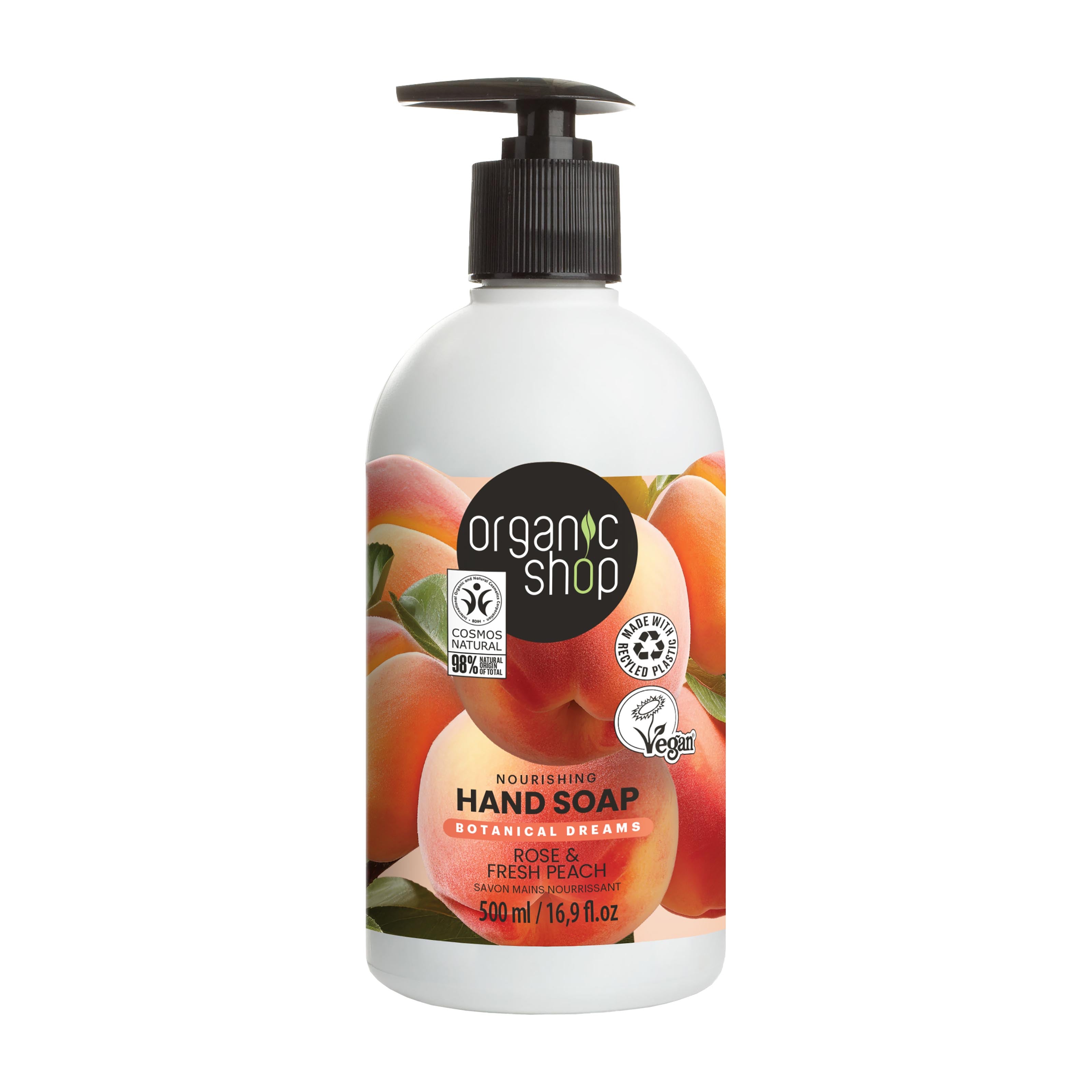 Organic Shop Botanical Dreams Rose & Fresh Peach hand soap bottle with peach design on a white background