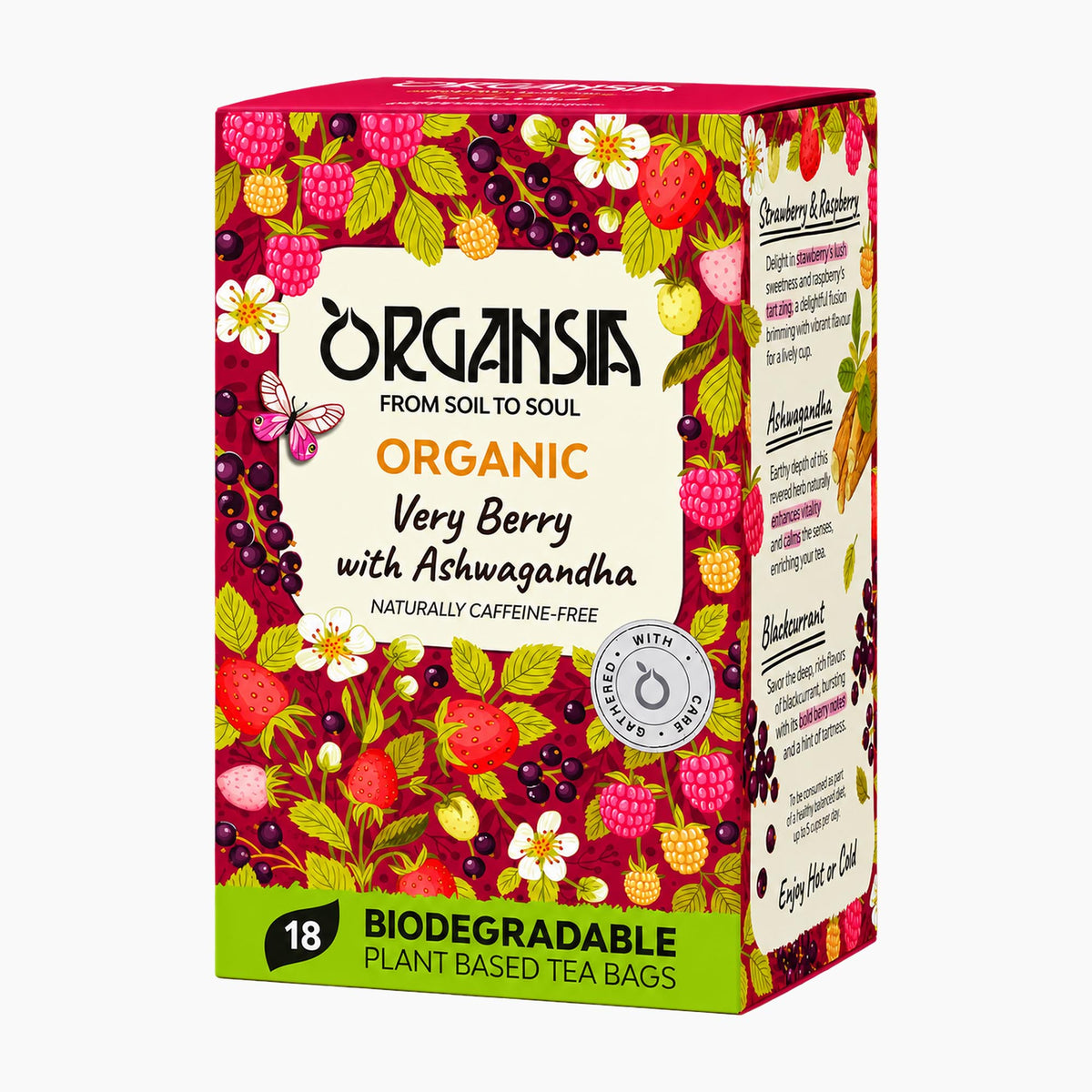 A box of Organsia Organic Very Berry with Ashwagandha tea bags, featuring a vibrant illustration of strawberries, raspberries, and berries on a cream background with green and black accents.