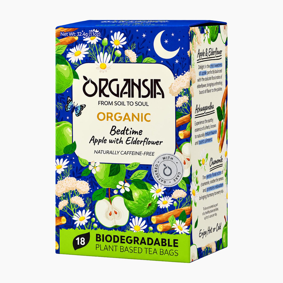 A box of Organsia Organic Bedtime Apple with Elderflower plant-based tea bags, featuring a colorful illustration of a night sky, white flowers, green leaves, and apple slices on a white background.