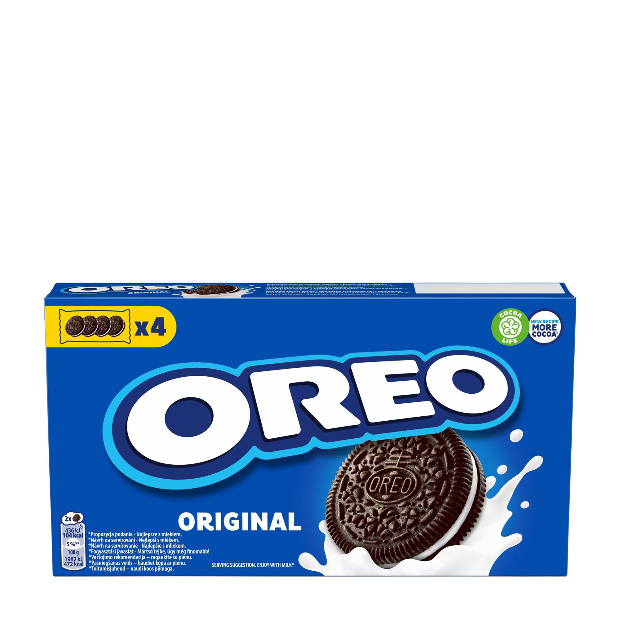 A box of Oreo Original sandwich cookies, showing the brand's logo and a image of a cookie with a splash of milk.
