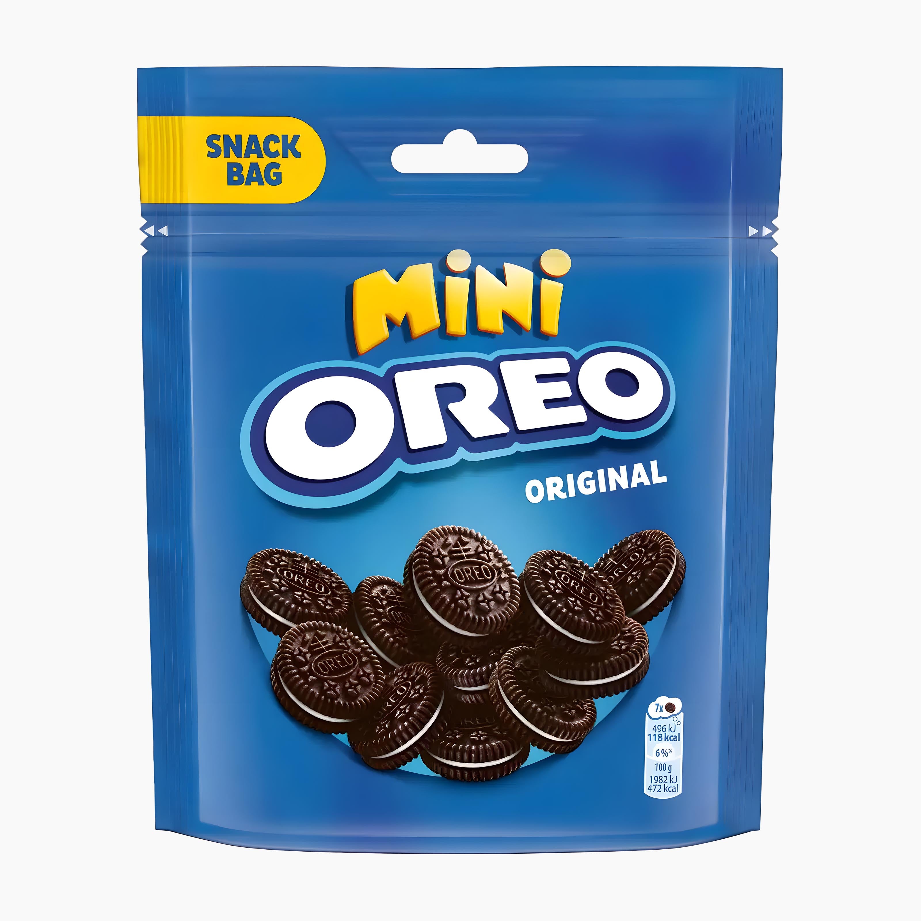 Oreo Mini Original sandwich cookies bag on a light gray background.