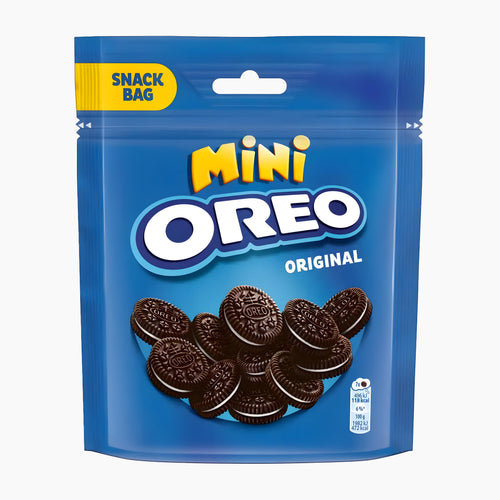 Oreo Mini Original sandwich cookies bag on a light gray background.