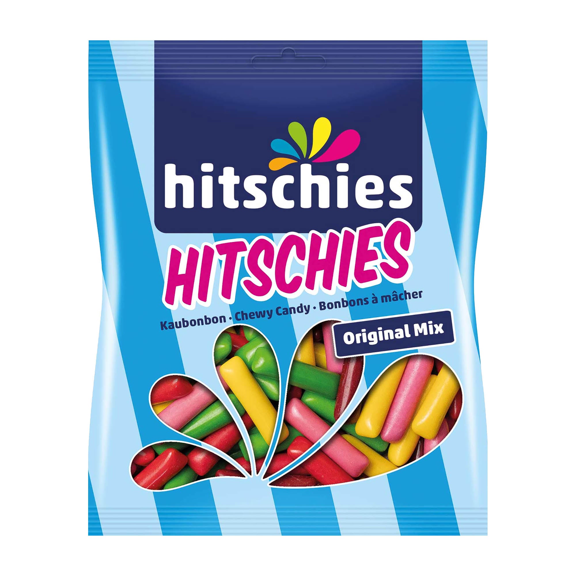 A package of hitschies original mix chewy candy in a 150g bag showing colorful candy sticks.