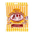 Packaging of Original Muh-Muhs cream toffees with a yellow and white striped background, featuring the product name and a graphic of a cow.