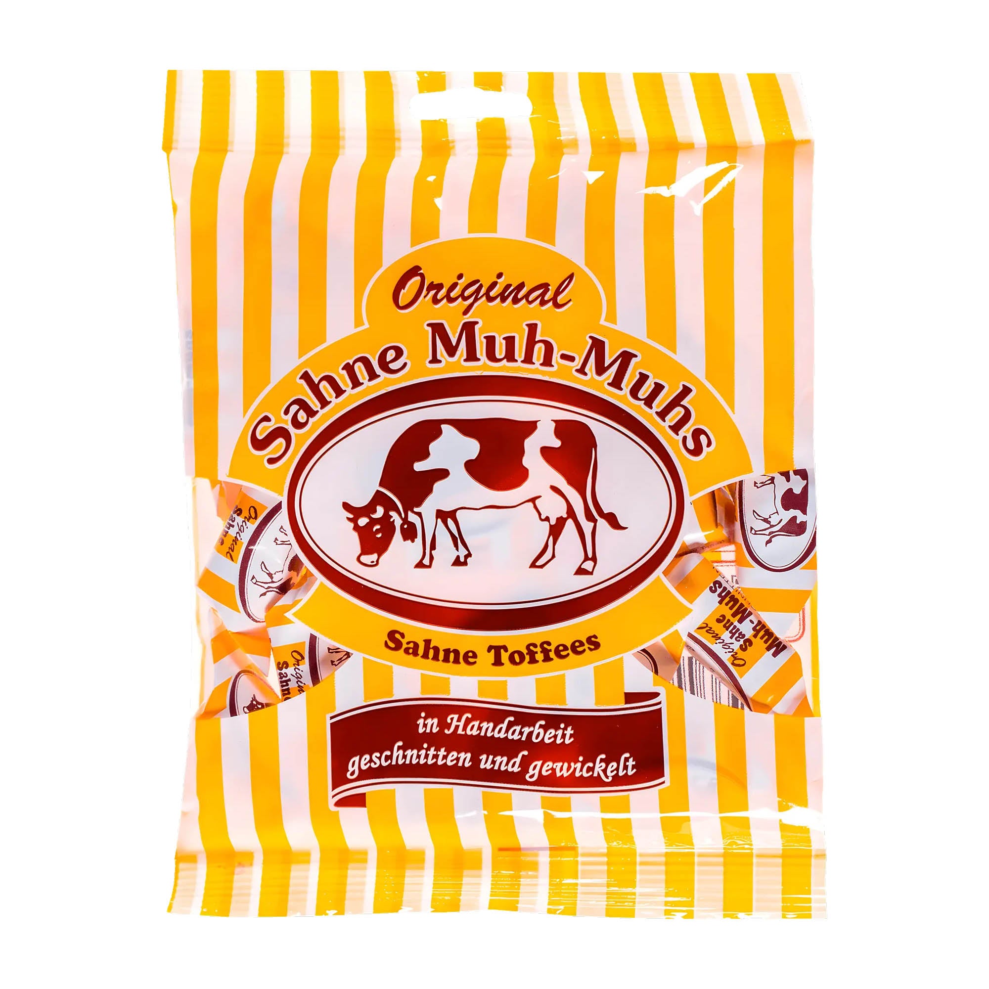 Packaging of Original Muh-Muhs cream toffees with a yellow and white striped background, featuring the product name and a graphic of a cow.