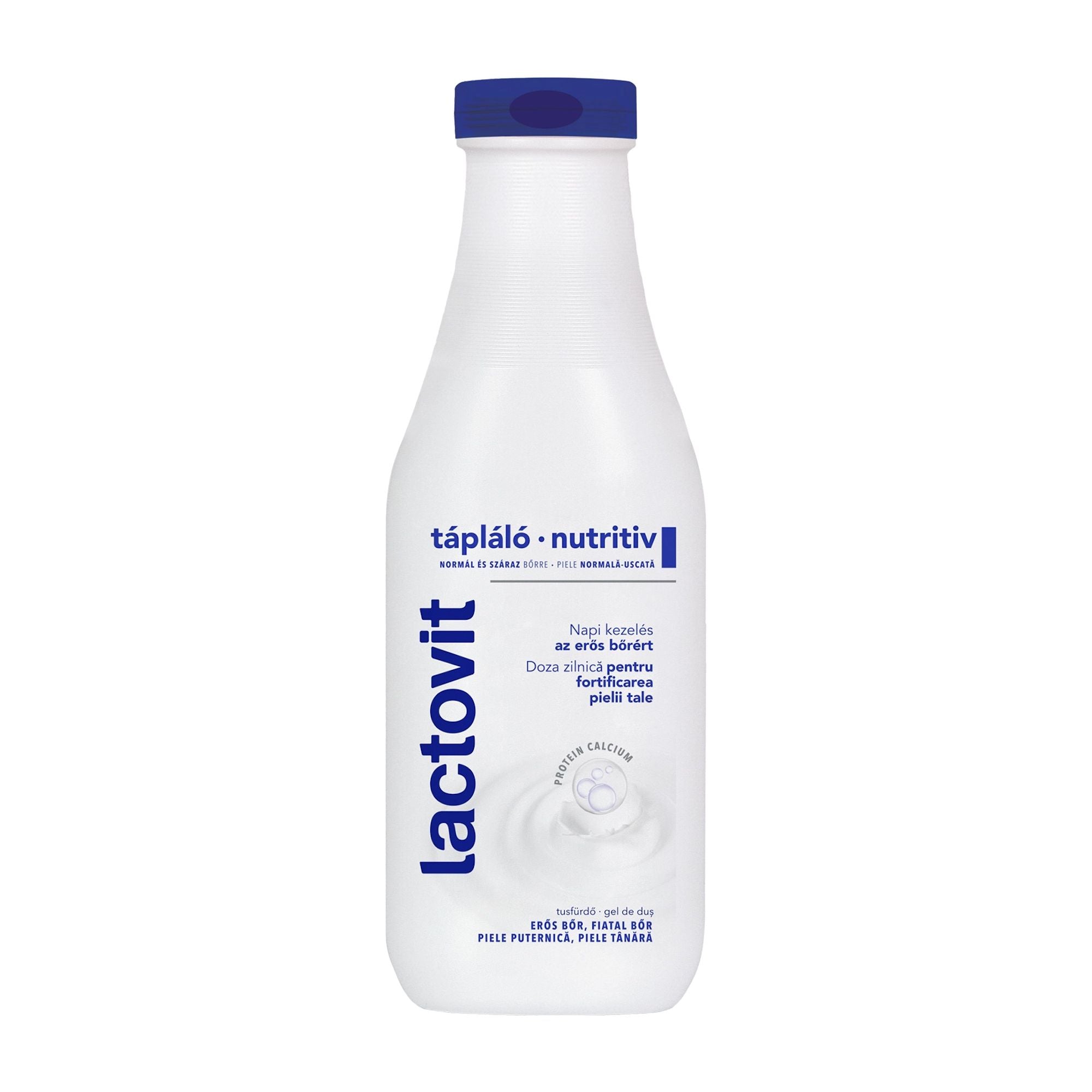 A bottle of Lactovit Nutritive shower gel, 600 mL, with a white and blue label, indicating it contains milk-based ingredients and is dermatologically tested.