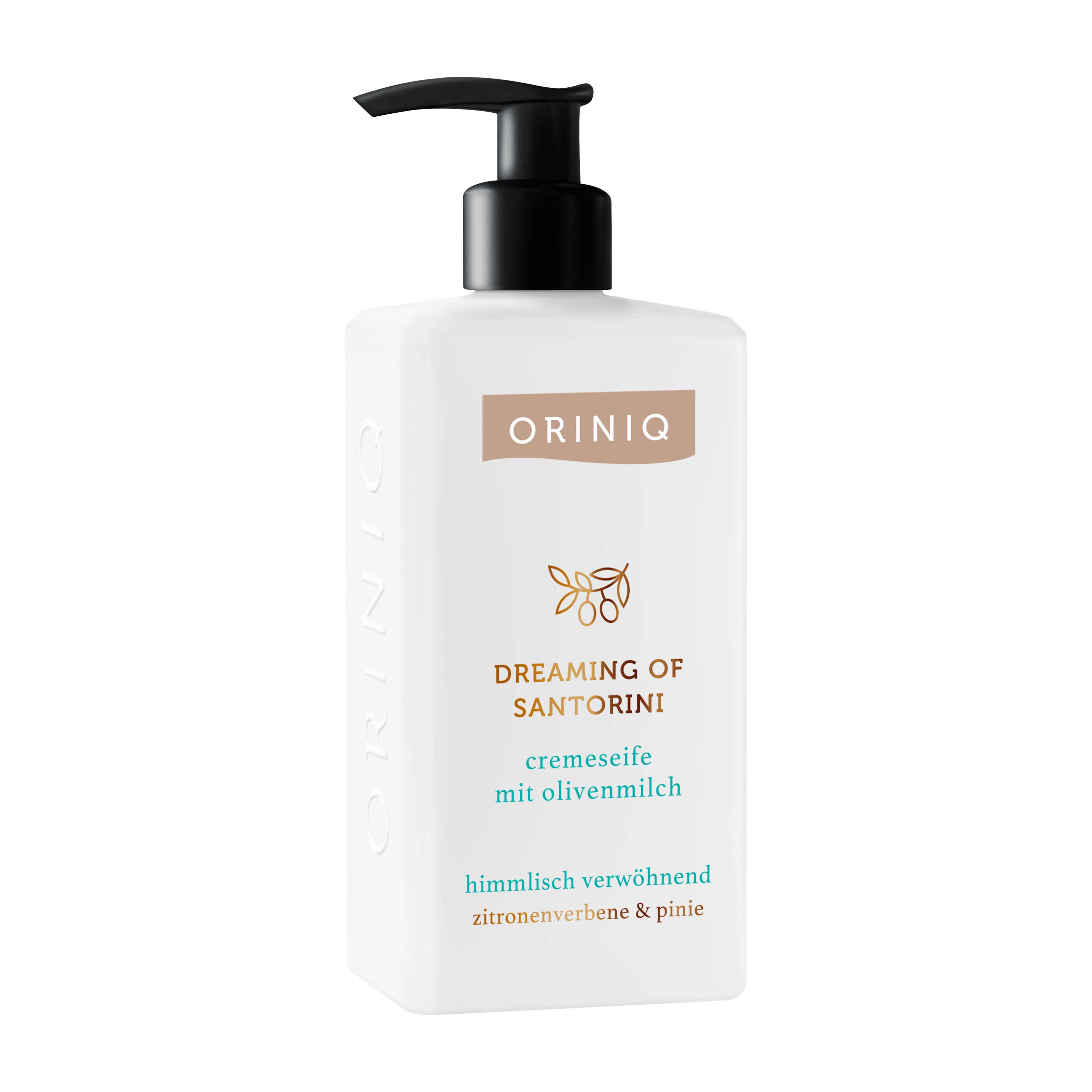Oriniq Dreaming of Santorini liquid soap bottle on a white background