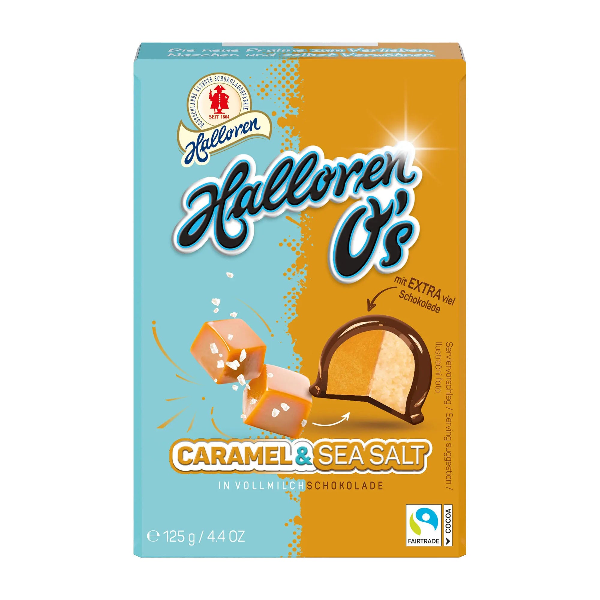 Box of Hallonen O's Caramel & Sea Salt pralines with a blue and orange design.