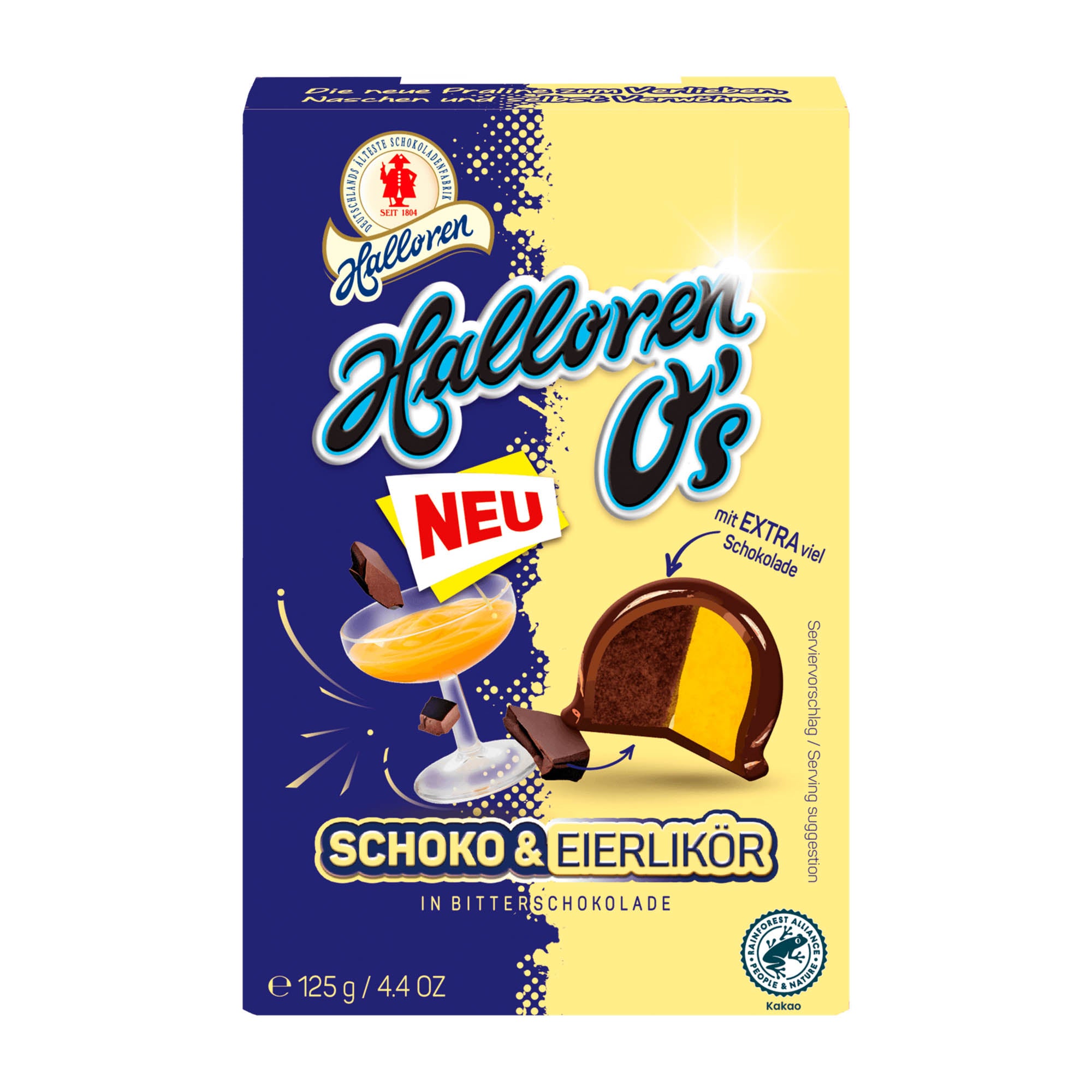 Packaging of Halloren O's Choco & Eggnog pralines, showing the product name and an image of a chocolate covered praline with eggnog cream filling.