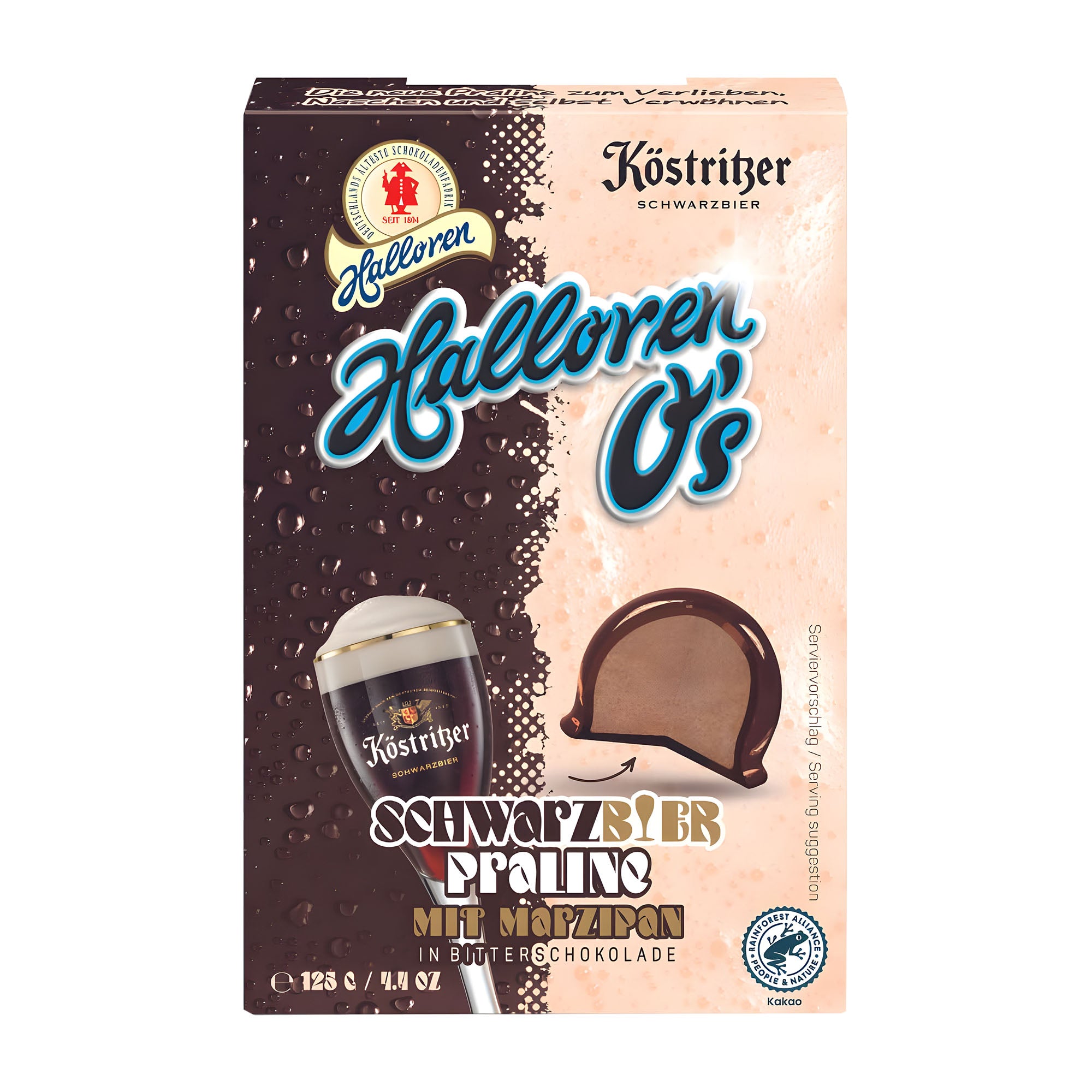 Halloren O's Köstritzer Dark Beer Marzipan pralines packaging with brand logo and product image.