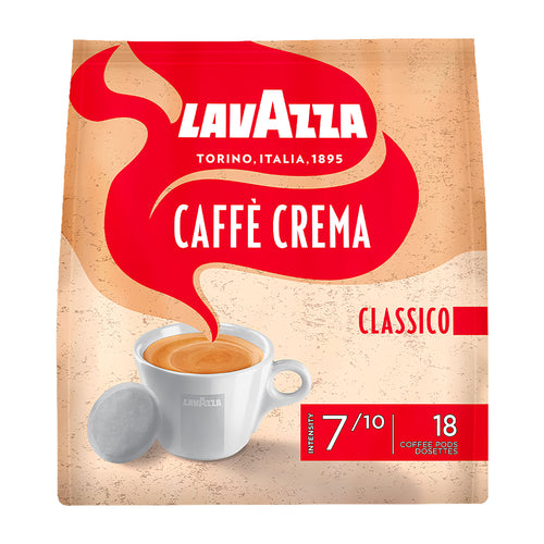 Lavazza Caffè Crema Classico coffee package with a cup of coffee on a beige background