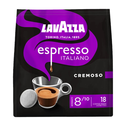 Lavazza espresso Italiano Cremoso coffee pad packaging on a white background