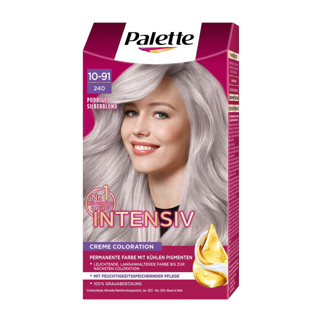 Palette Intensiv 10-91 Powdery Silver Blonde hair dye box on a white background