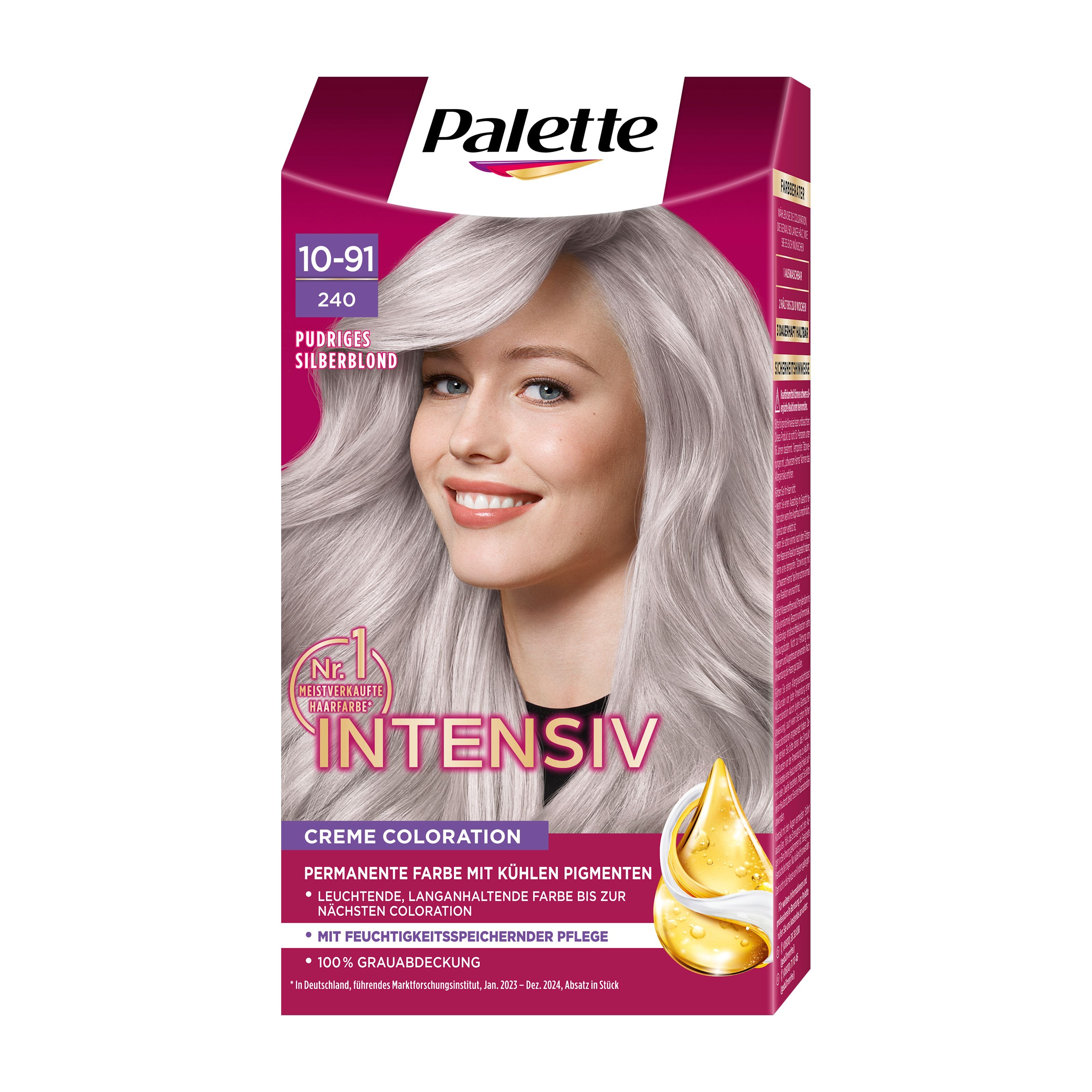 Palette Intensiv 10-91 Powdery Silver Blonde hair dye box on a white background