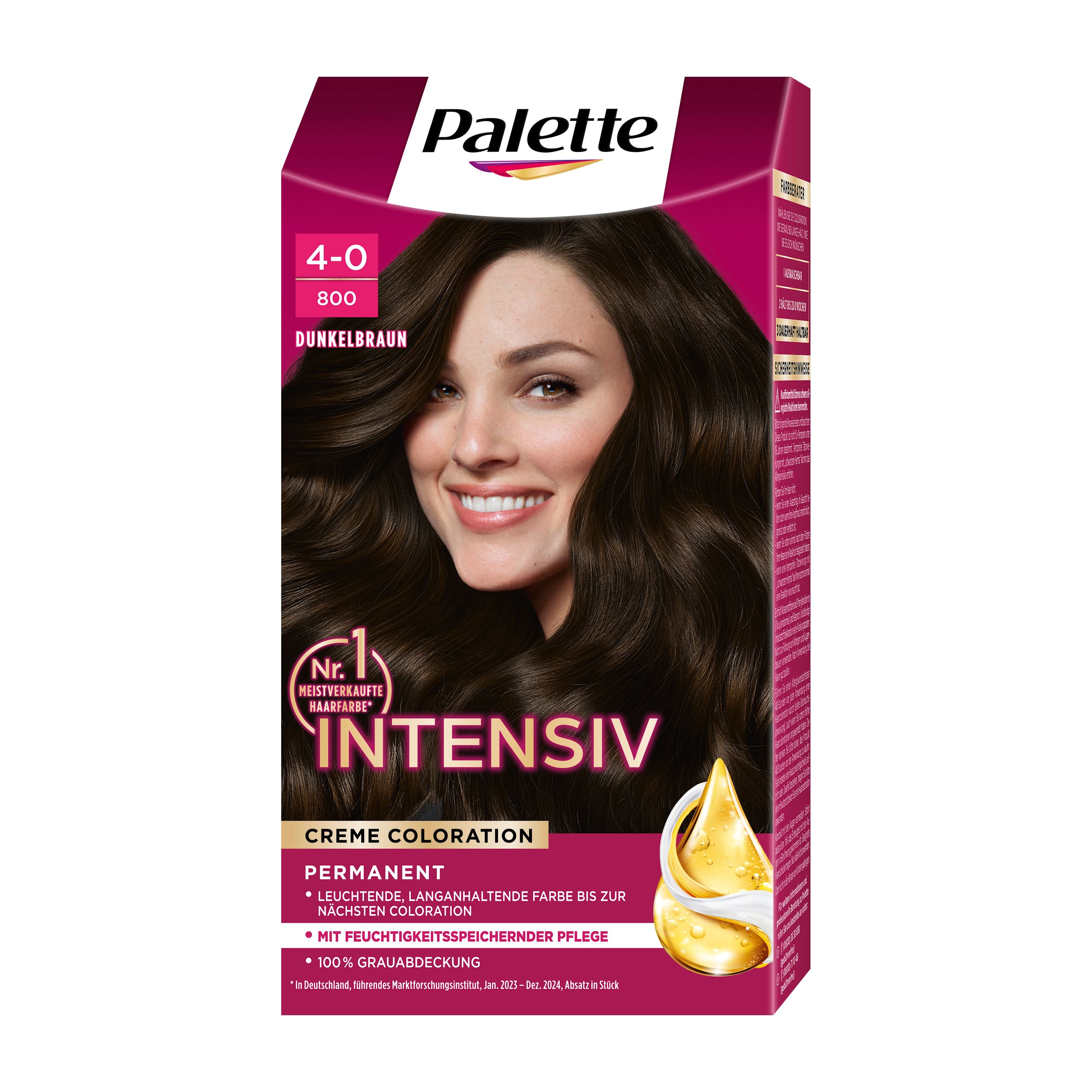 Palette Intensiv 4-0 Dark Brown hair color box with a woman's face on the front, featuring dark brown hair.