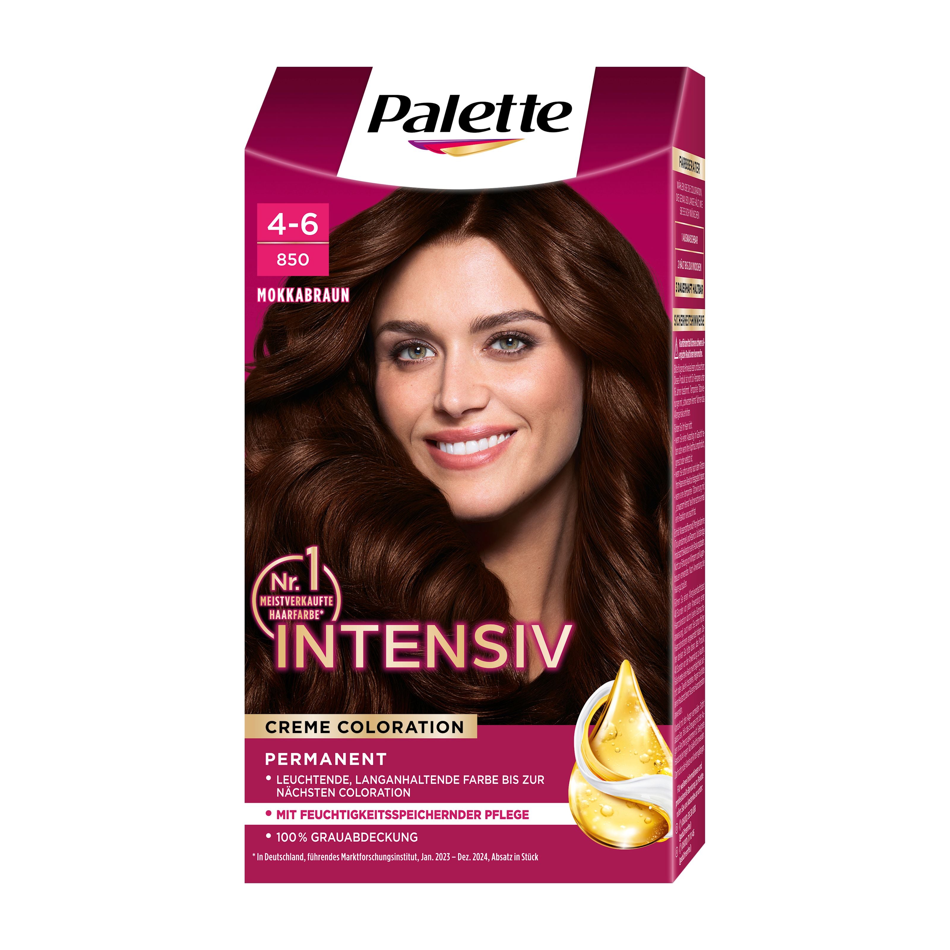 Palette Intensiv 4-6 Mokka Brown permanent hair color box with a woman's face on the front, featuring mokka brown hair.