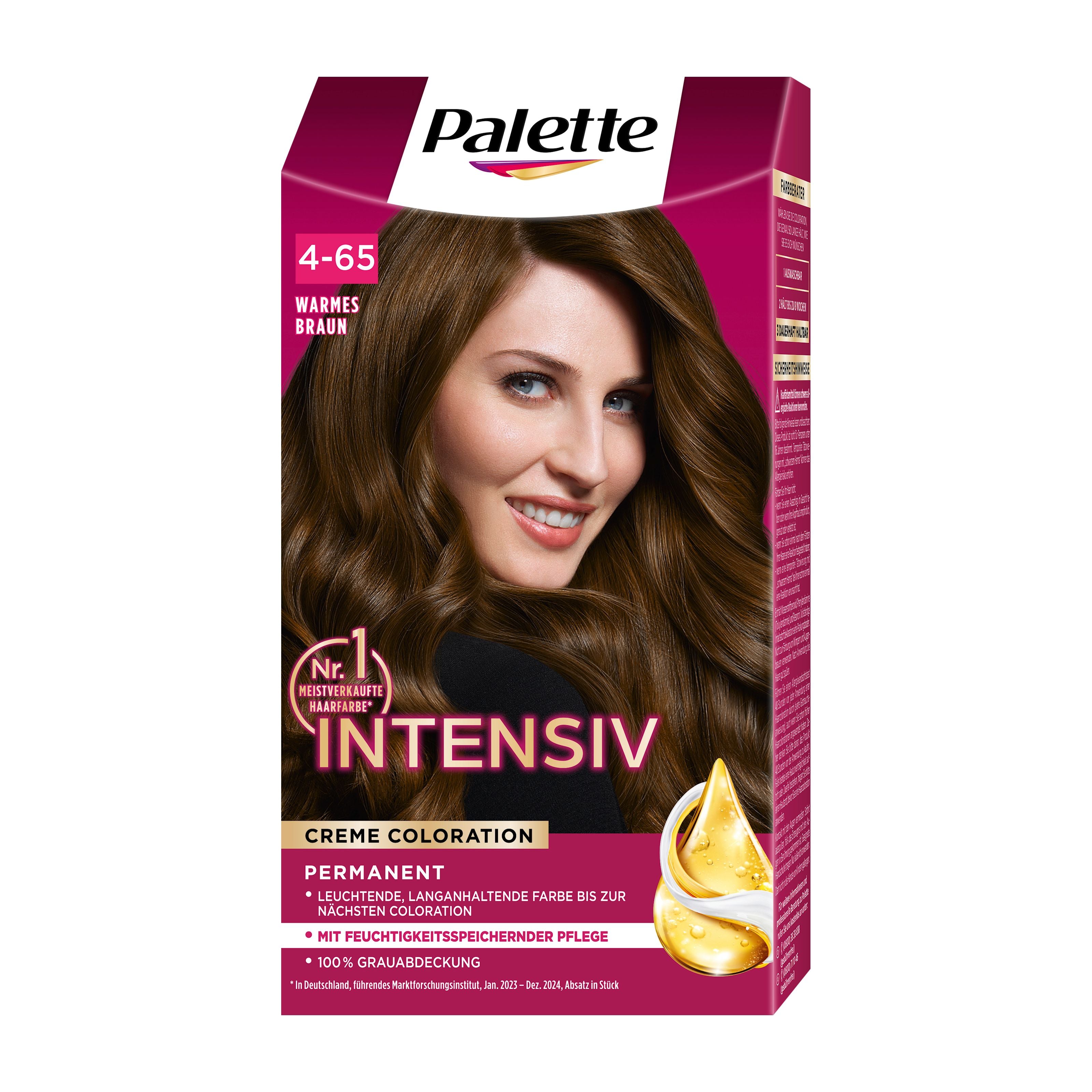 Palette Intensiv 4-65 Warm Brown hair color box with a woman's face and product image on a white background