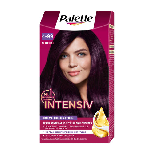 Palette Intensiv 4-99 Aubergine hair color kit packaging with a woman's face on a white background