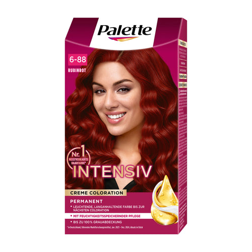 Palette Intensiv 6-88 Ruby Red hair color kit packaging with a model featuring red hair on a white background