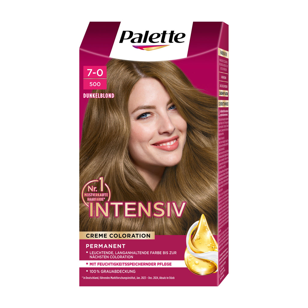 Palette Intensiv 7-0 dark blonde hair color box with a woman's face on a white background