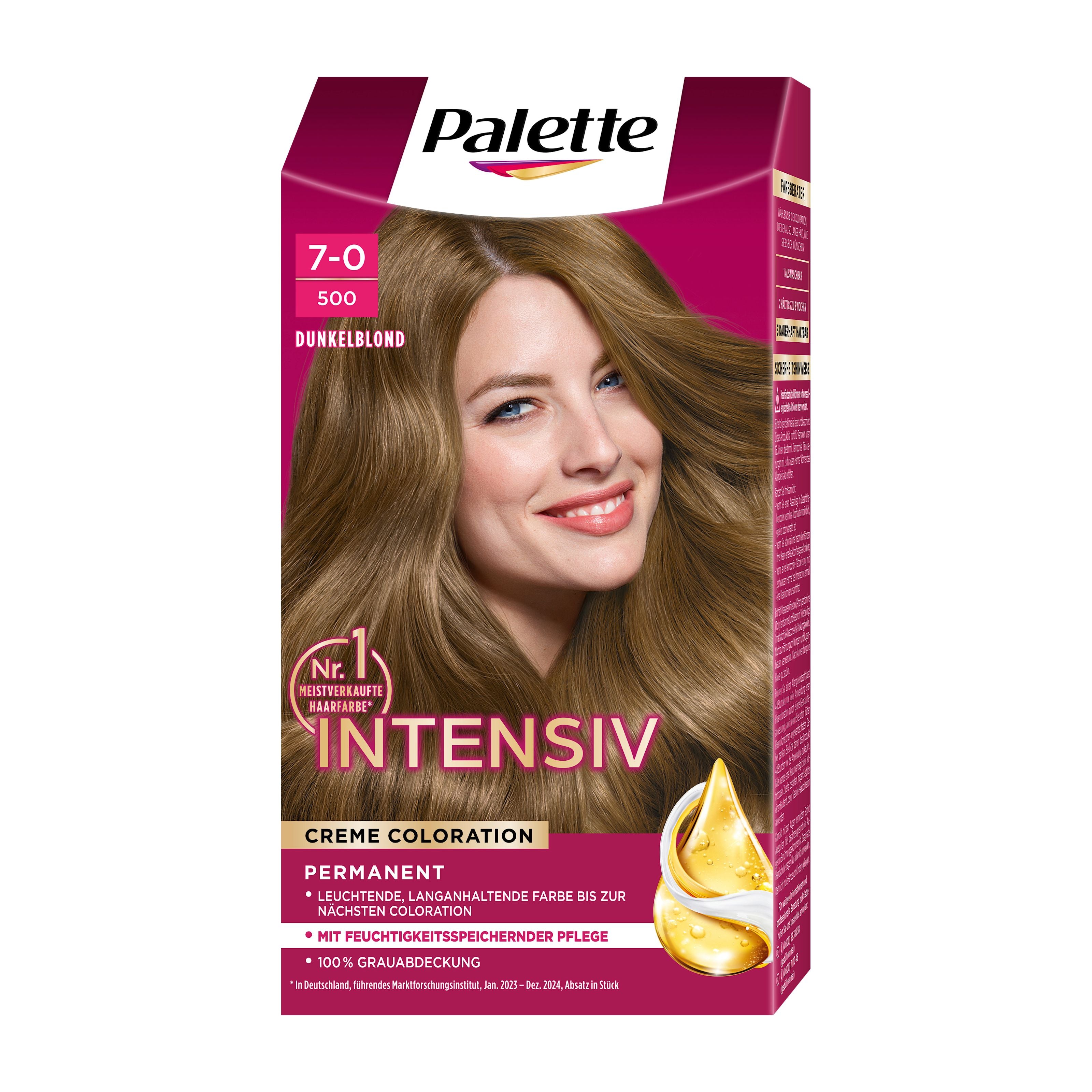 Palette Intensiv 7-0 dark blonde hair color box with a woman's face on a white background