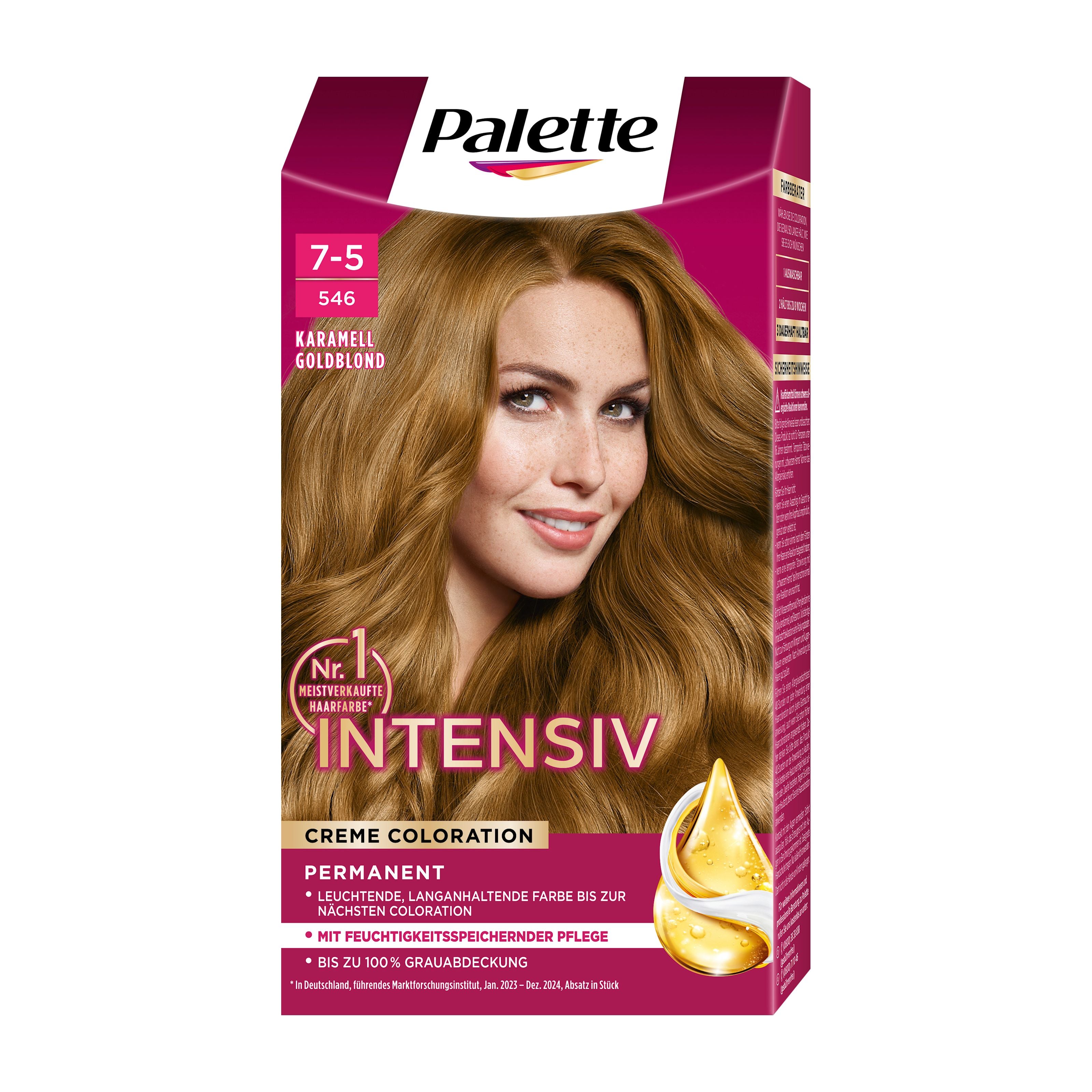 Palette Intensiv 7-5 Caramel Golden Blonde hair color box with a model featuring caramel blonde hair on a white background