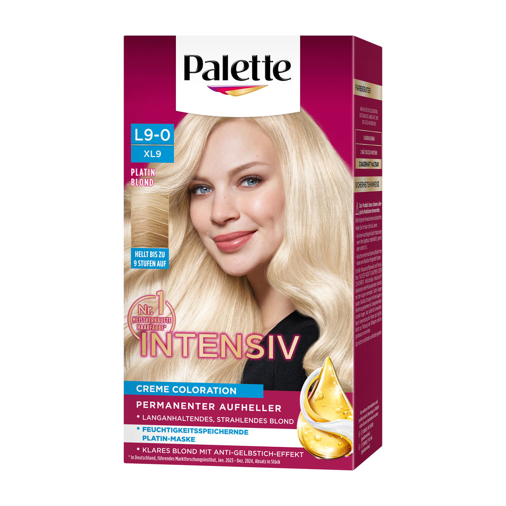 Palette Intensiv L9-0 Platinum Blonde lightener hair color kit packaging with a model displaying platinum blonde hair on a white background