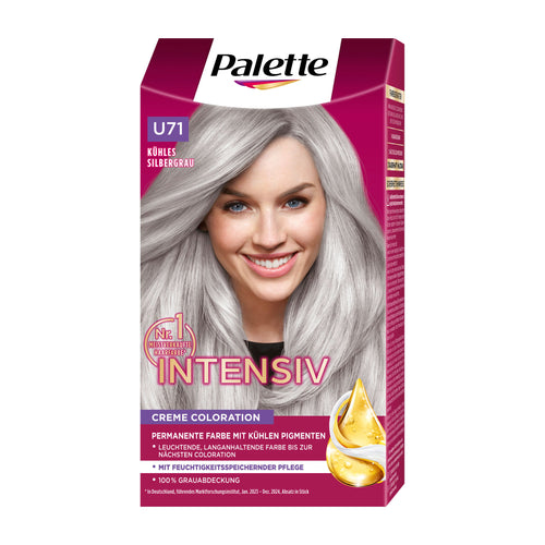 Palette Intensiv U71 Cool Silver Gray hair color kit packaging with a woman with gray hair on a white background