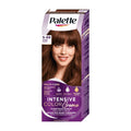 A box of Palette Intensive Color Creme 5-68 Chestnut permanent hair color with a picture of a woman showing the hair color transformation.