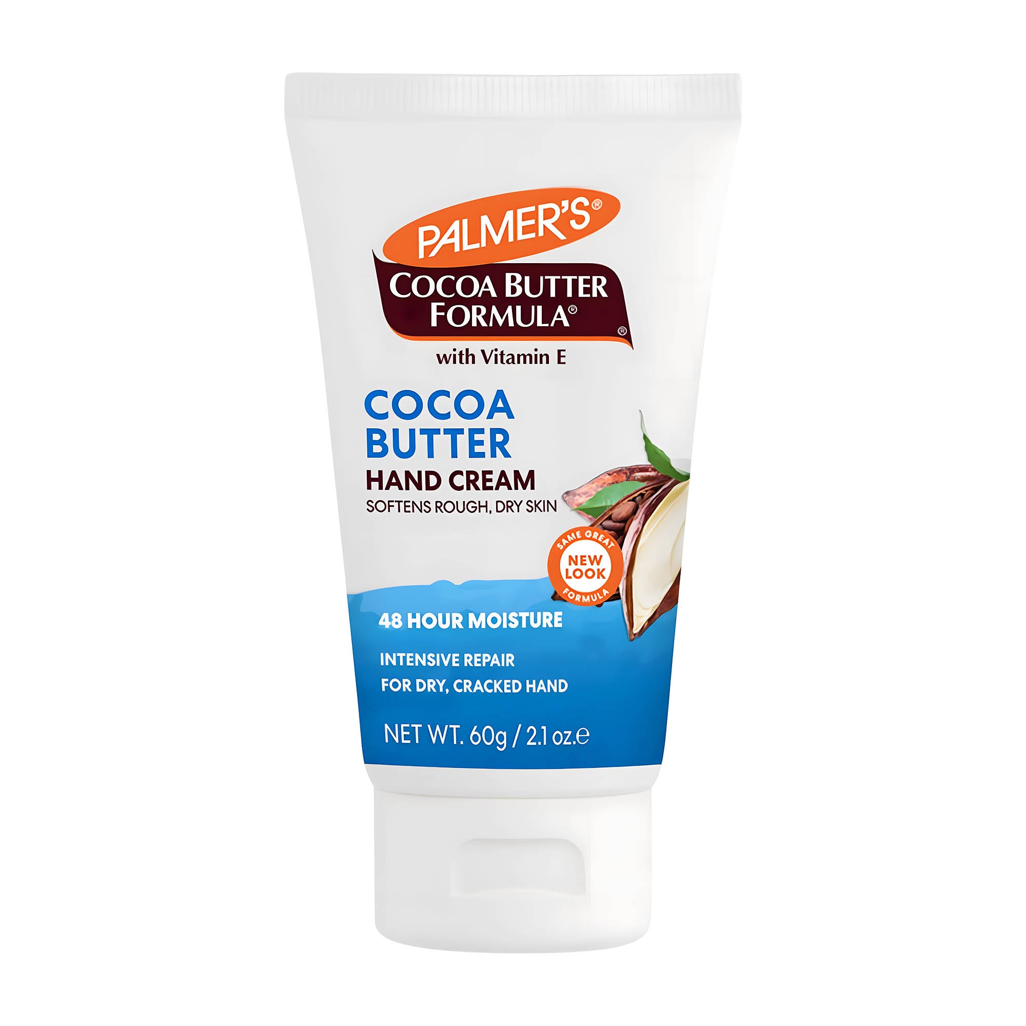 A tube of Palmer's Cocoa Butter Hand Cream with vitamin E, designed for 48-hour moisture retention, 60g size.