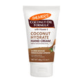 A tube of Palmer's Coconut Hydrate Hand Cream with vitamin E, featuring a brown and white packaging with an image of a coconut and a dermatologist-approved seal.
