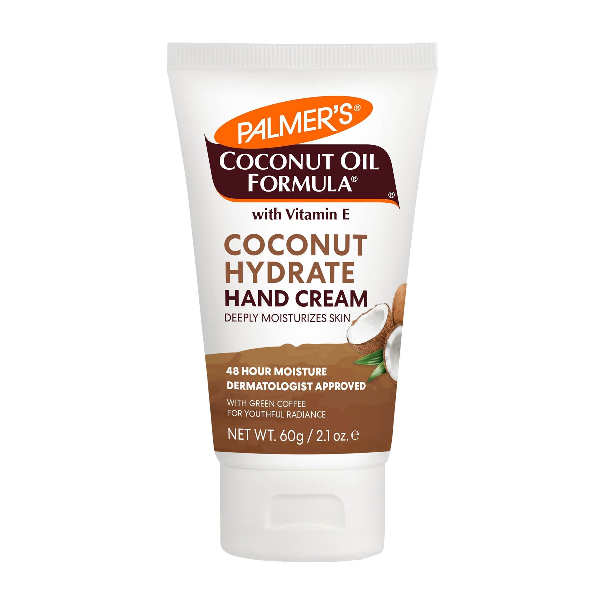 A tube of Palmer's Coconut Hydrate Hand Cream with vitamin E, featuring a brown and white packaging with an image of a coconut and a dermatologist-approved seal.