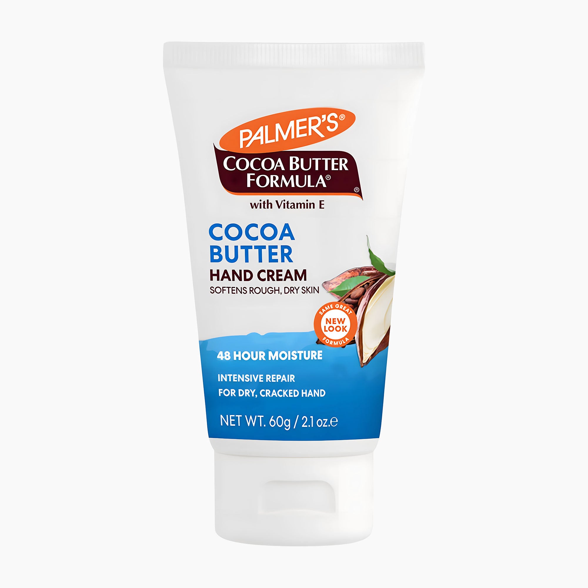 A white squeeze tube of Palmer's Cocoa Butter Formula hand cream with blue and orange text, shown on a clean white background.