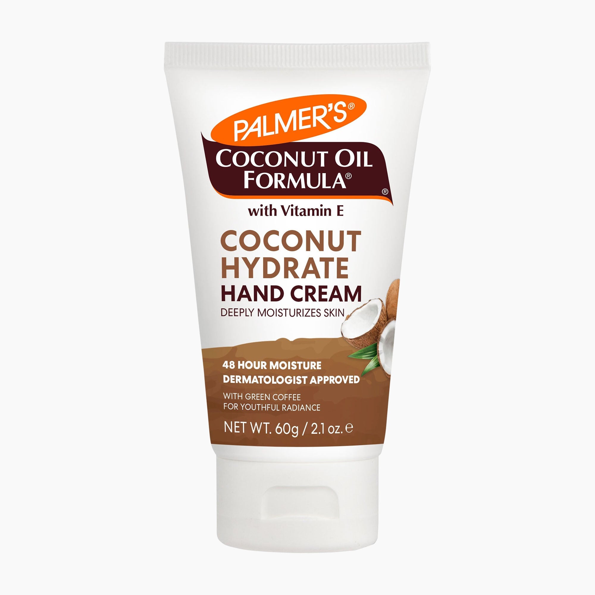 A 60g squeeze tube of Palmer's Coconut Oil Formula Coconut Hydrate Hand Cream on a clean white background.