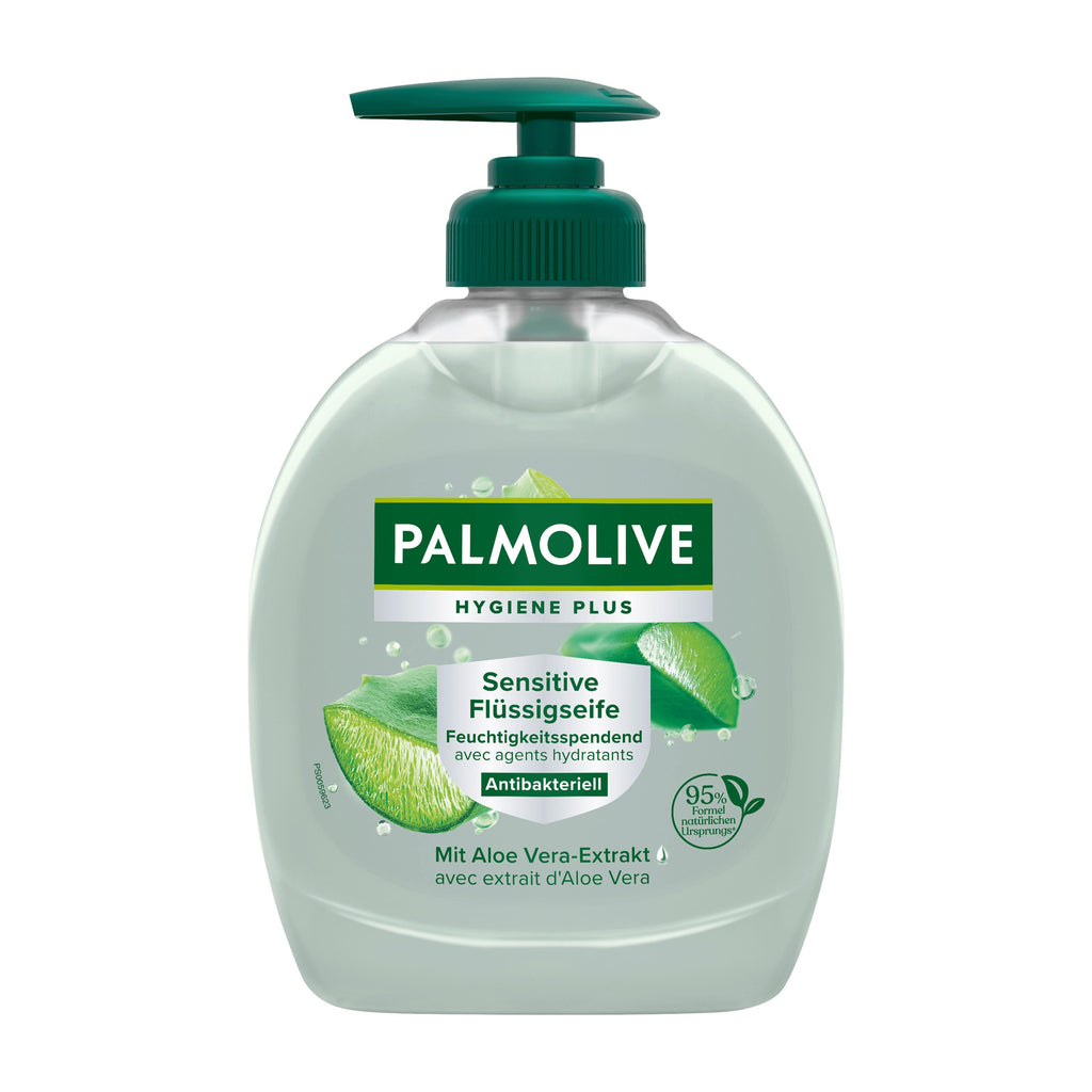 Pump bottle of Palmolive Hygiene-Plus Sensitive Liquid Soap on a white background.