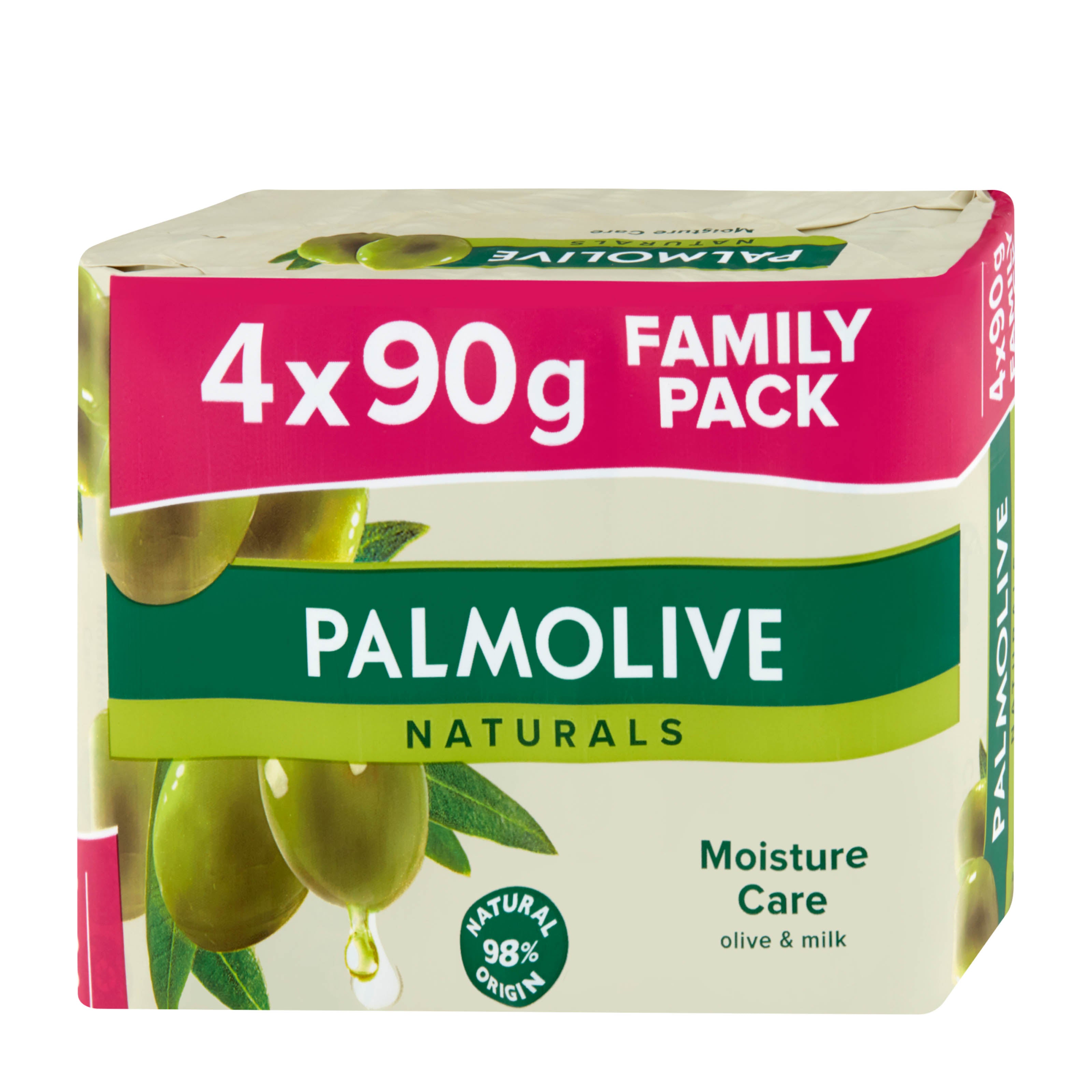 Palmolive Naturals Moisture Care soap family pack packaging with olive graphics on a white background