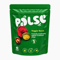 A green stand-up pouch of Palse Veggie Remix crunchy mushrooms, radish, and beetroot chips on a plain white background.