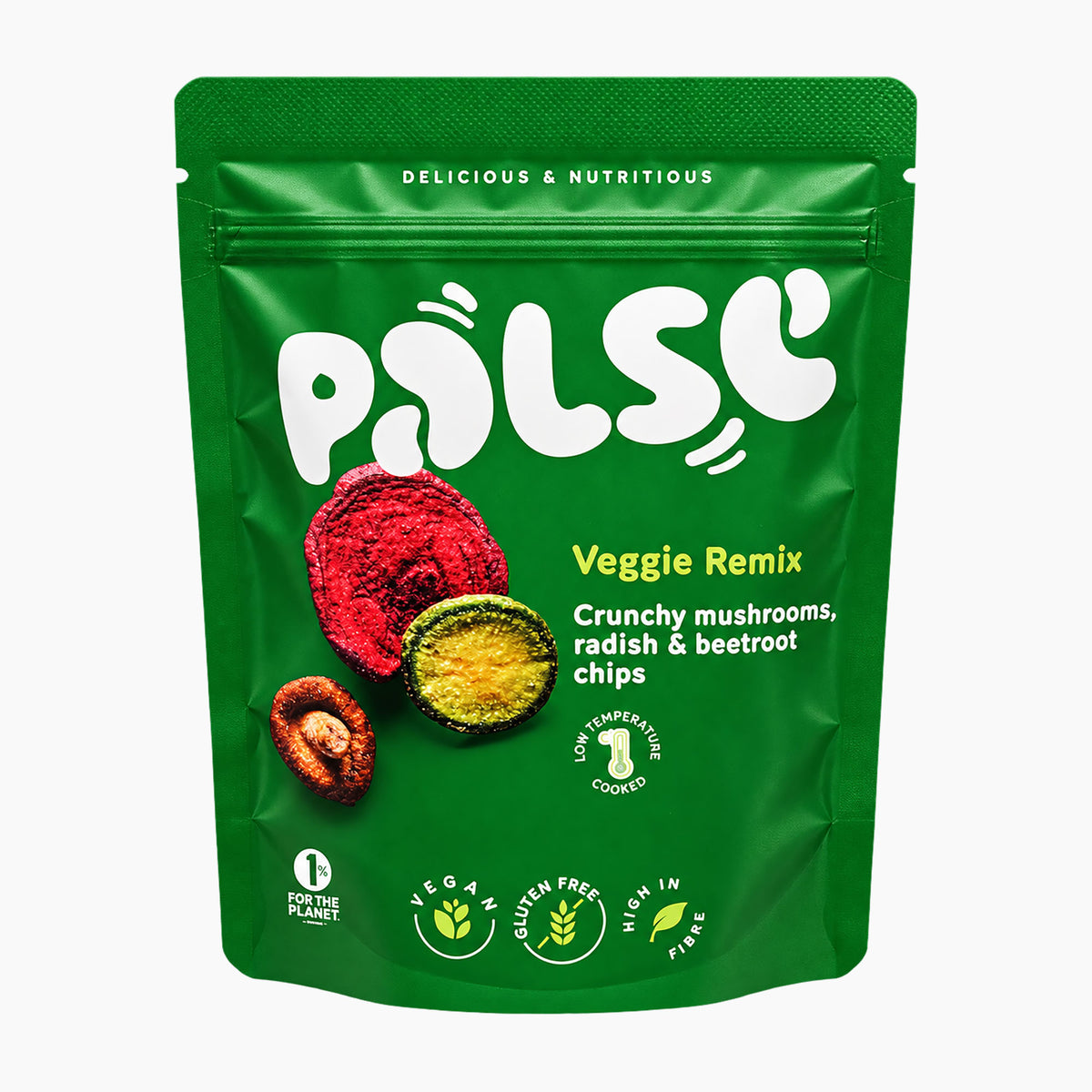 A green stand-up pouch of Palse Veggie Remix crunchy mushrooms, radish, and beetroot chips on a plain white background.