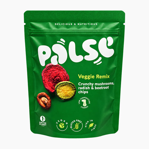 A green stand-up pouch of Palse Veggie Remix crunchy mushrooms, radish, and beetroot chips on a plain white background.