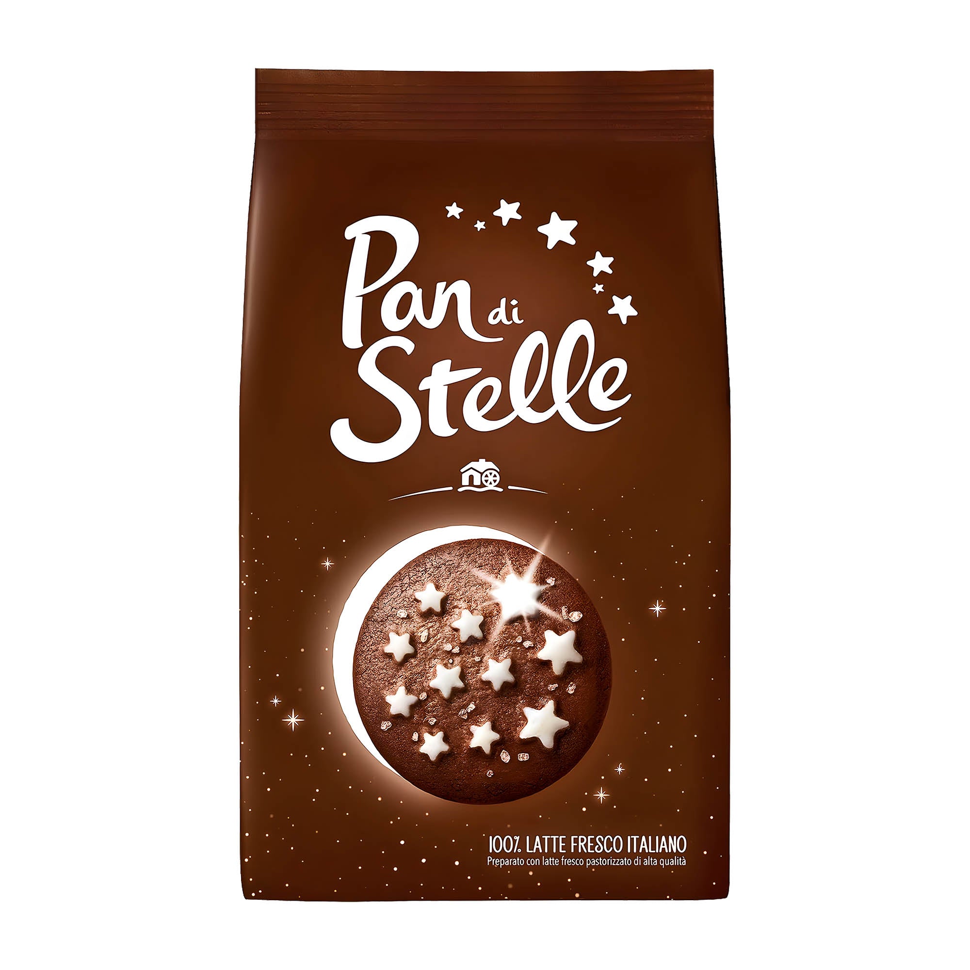 Brown packaging of 'Pan di Stelle' with a cookie illustration on a white background
