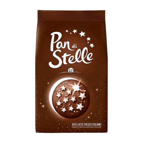 Brown packaging of 'Pan di Stelle' with a cookie illustration on a white background