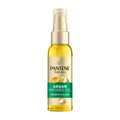 A bottle of Pantene Smooth & Sleek Argan Infused hair oil with a pump dispenser, predominantly yellow in color with green and white accents and text.