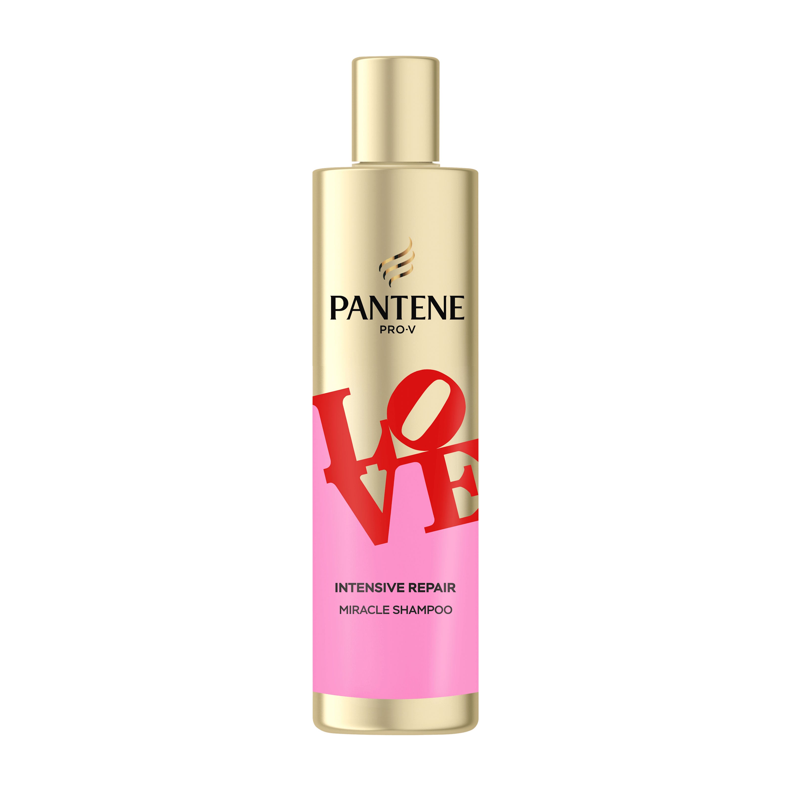 Pantene Pro-V x Robert Indiana Artist Edition Intensive Repair miracle shampoo bottle with 'LOVE' design on a white background
