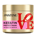 Pantene Keratin Protect Mask jar with Artist Edition design and 'LOVE' text on a white background