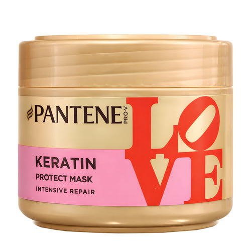 Pantene Keratin Protect Mask jar with Artist Edition design and 'LOVE' text on a white background