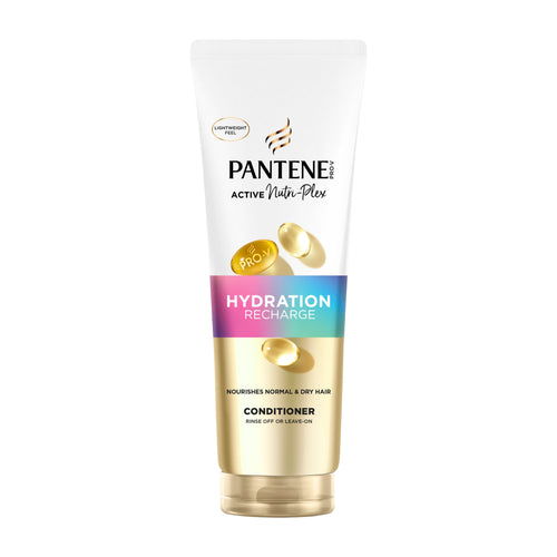 Pantene Hydration Recharge conditioner bottle with gold and white design on a white background
