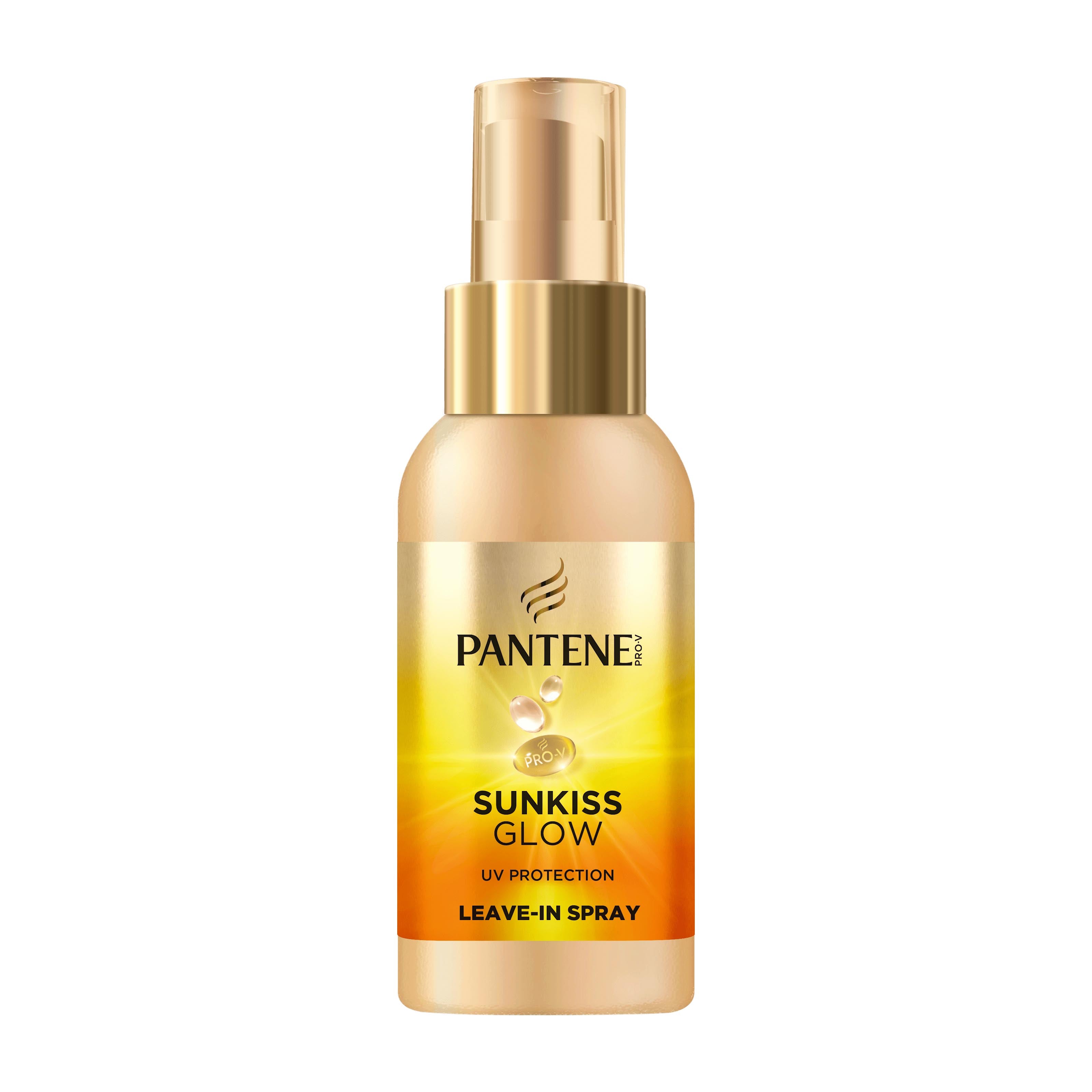 Pantene Sunkiss Glow UV Protection Leave-In Spray bottle with a gold and yellow gradient label and a metallic gold spray pump, shown on a plain white background.