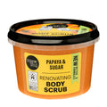 A container of organic shop Papaya & Sugar Renovating Body Scrub on a white background.