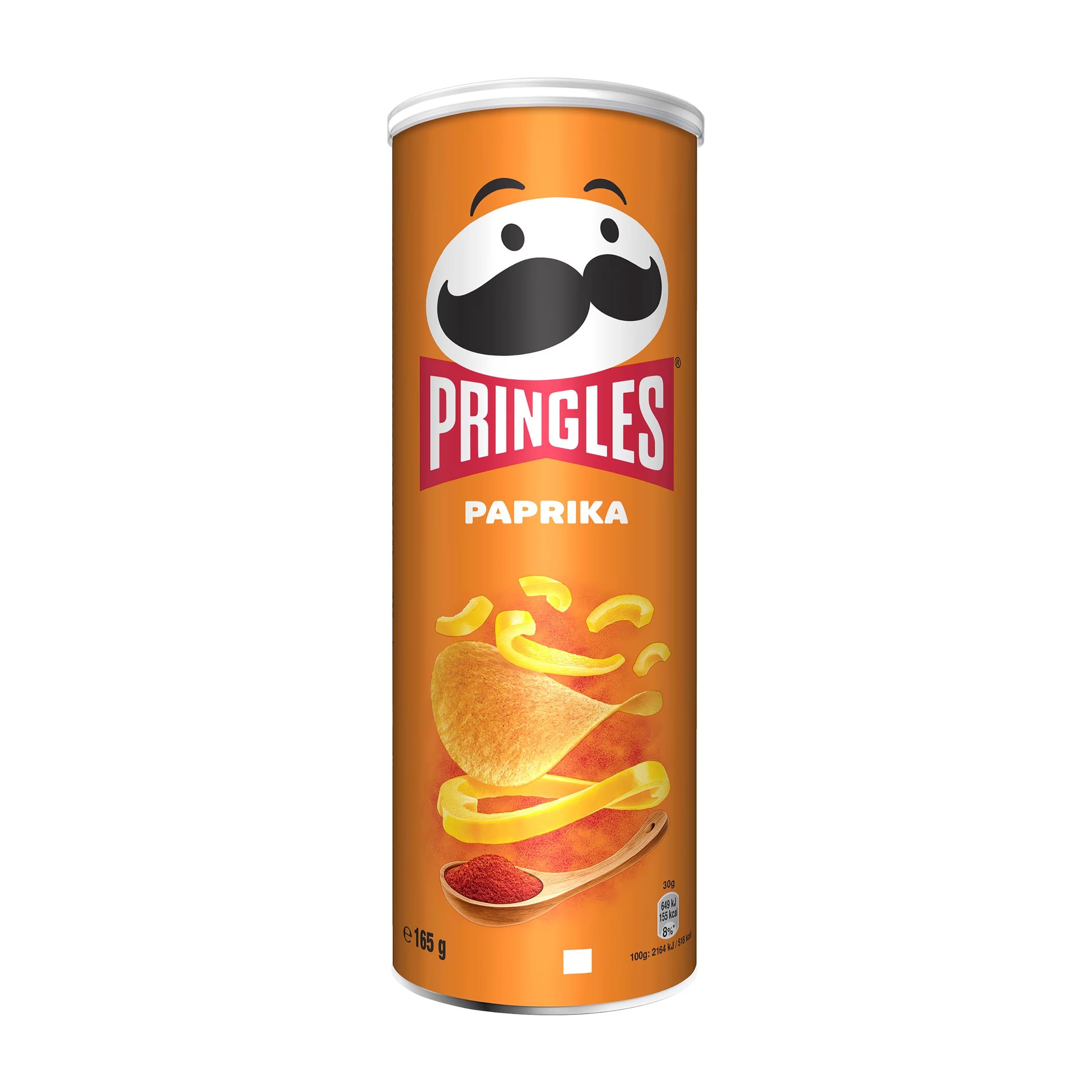 Pringles Paprika potato crisps can on a white background